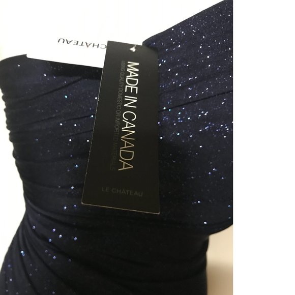 Le Chateau Navy Blue stretchy shiny sparkle metallic one shoulder dress NWT - Picture 3 of 8
